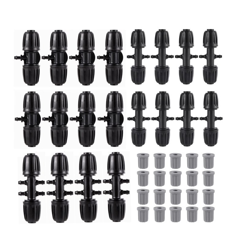 FOGWOWO 40 Pcs Barbed Tee 1/2 Inch to 1/4 Inch Drip Irrigation Fittings Kit for (1/2'' ID x 0.60''-0.63'' OD) 16mm Irrigation Tubing Anti-Drop Barbed Connectors 8 Tee,8 Four-way,4 Six- way,20 End Caps - Image 1